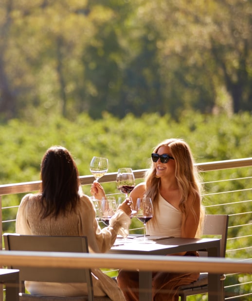 Two people enjoying wine outside.