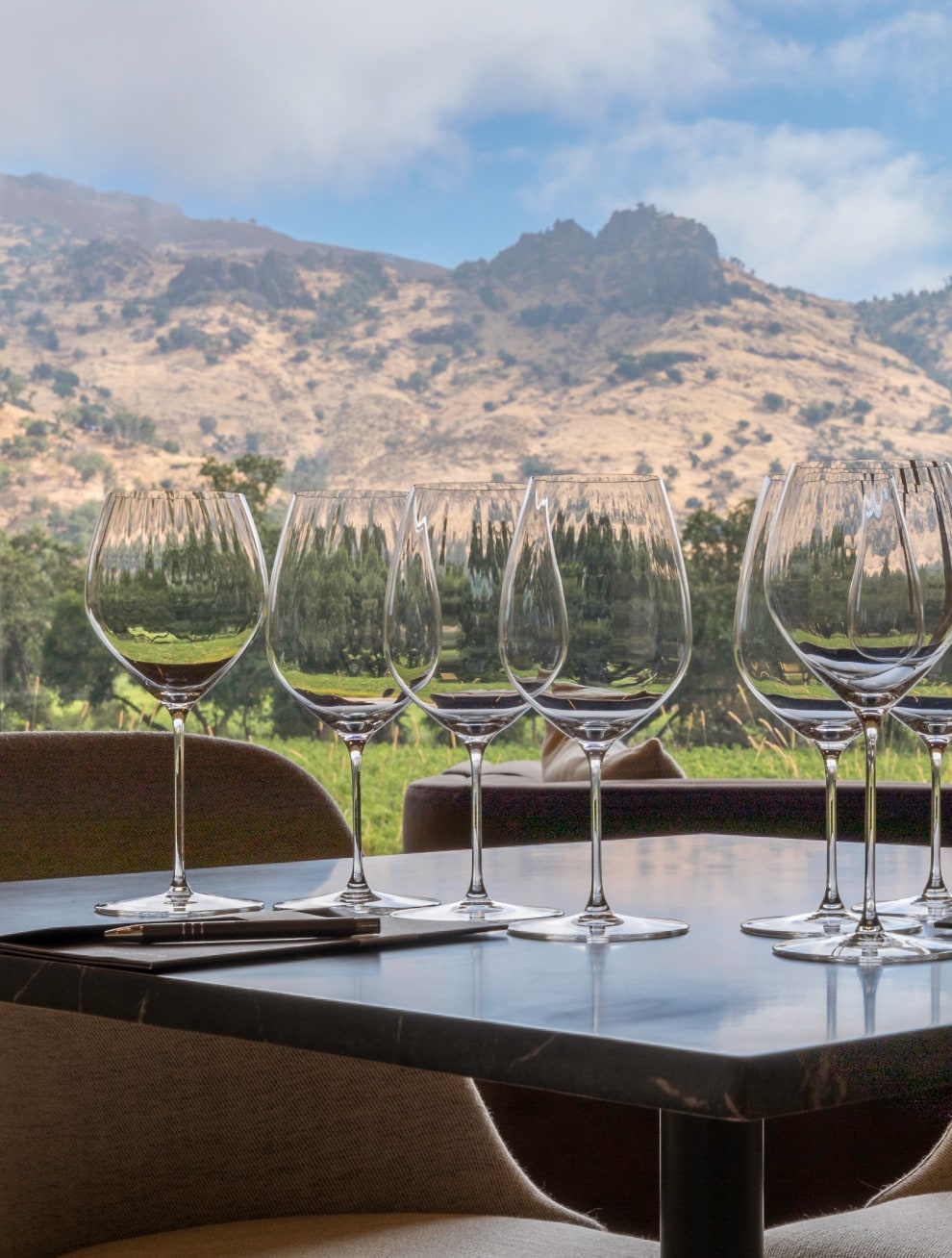 empty wine glasses on a table overlooking the vineyard